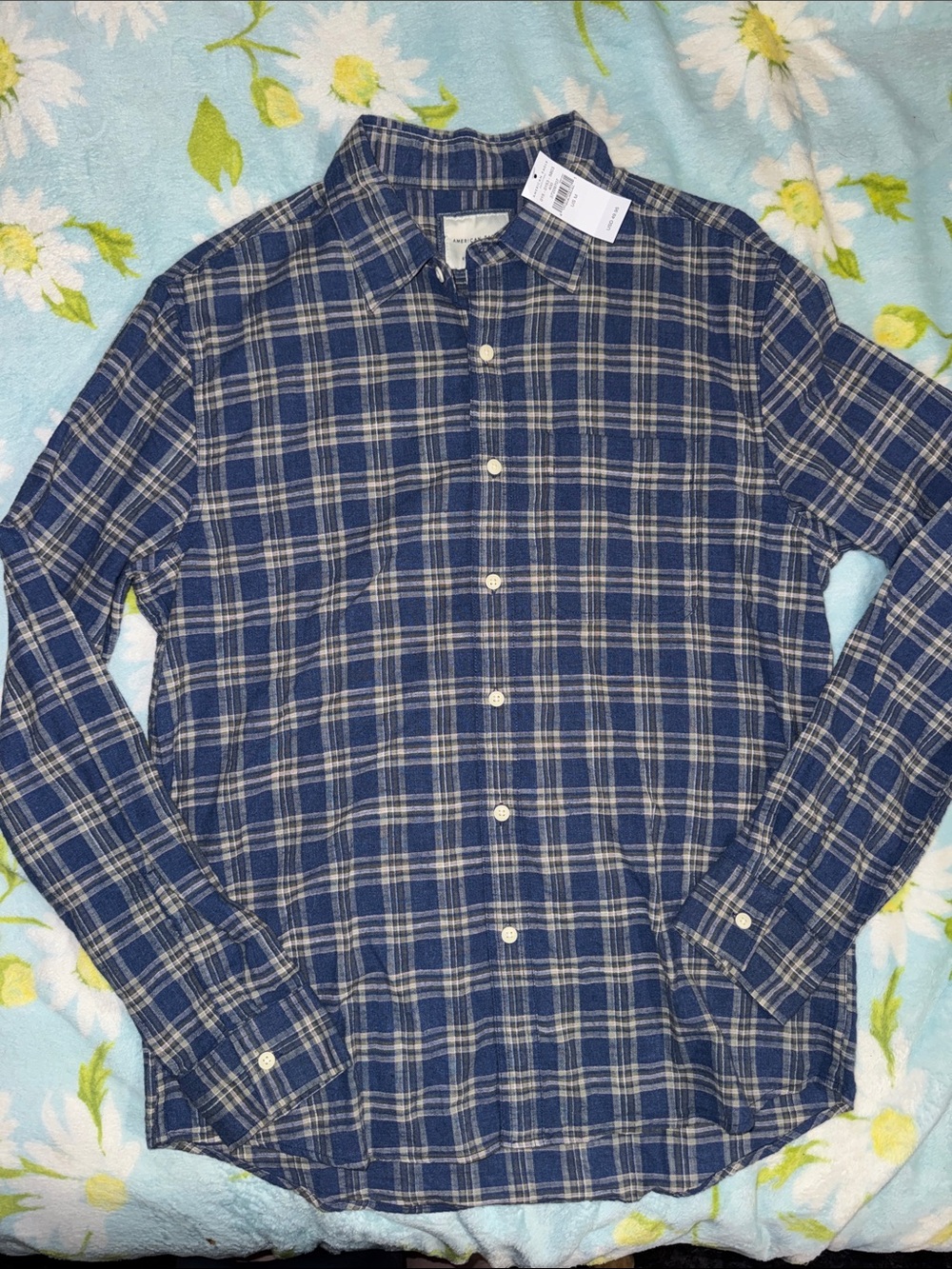American Eagle Men's Blue Plaid Button-Up Shirt